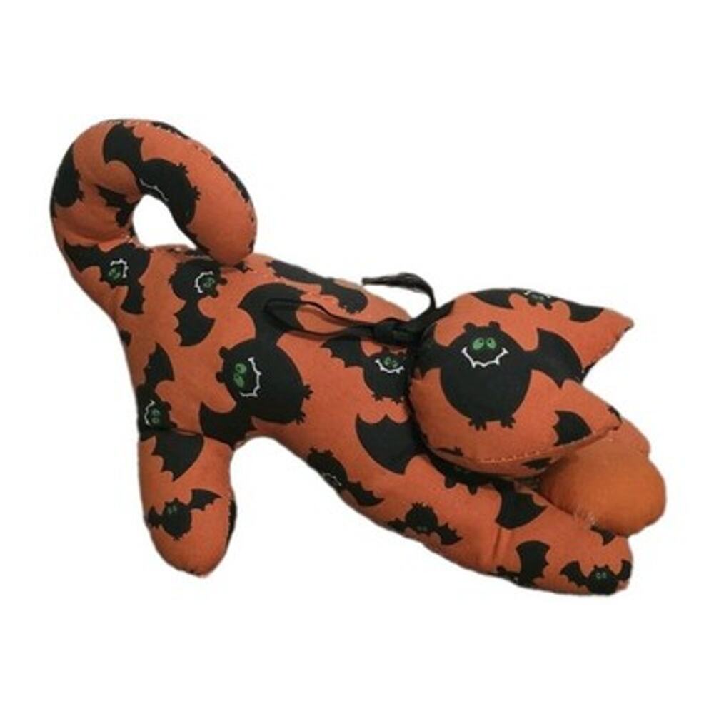 Vintage Stuffed Cat Halloween Bats Decor Orange Handmade Grandmacore 90s